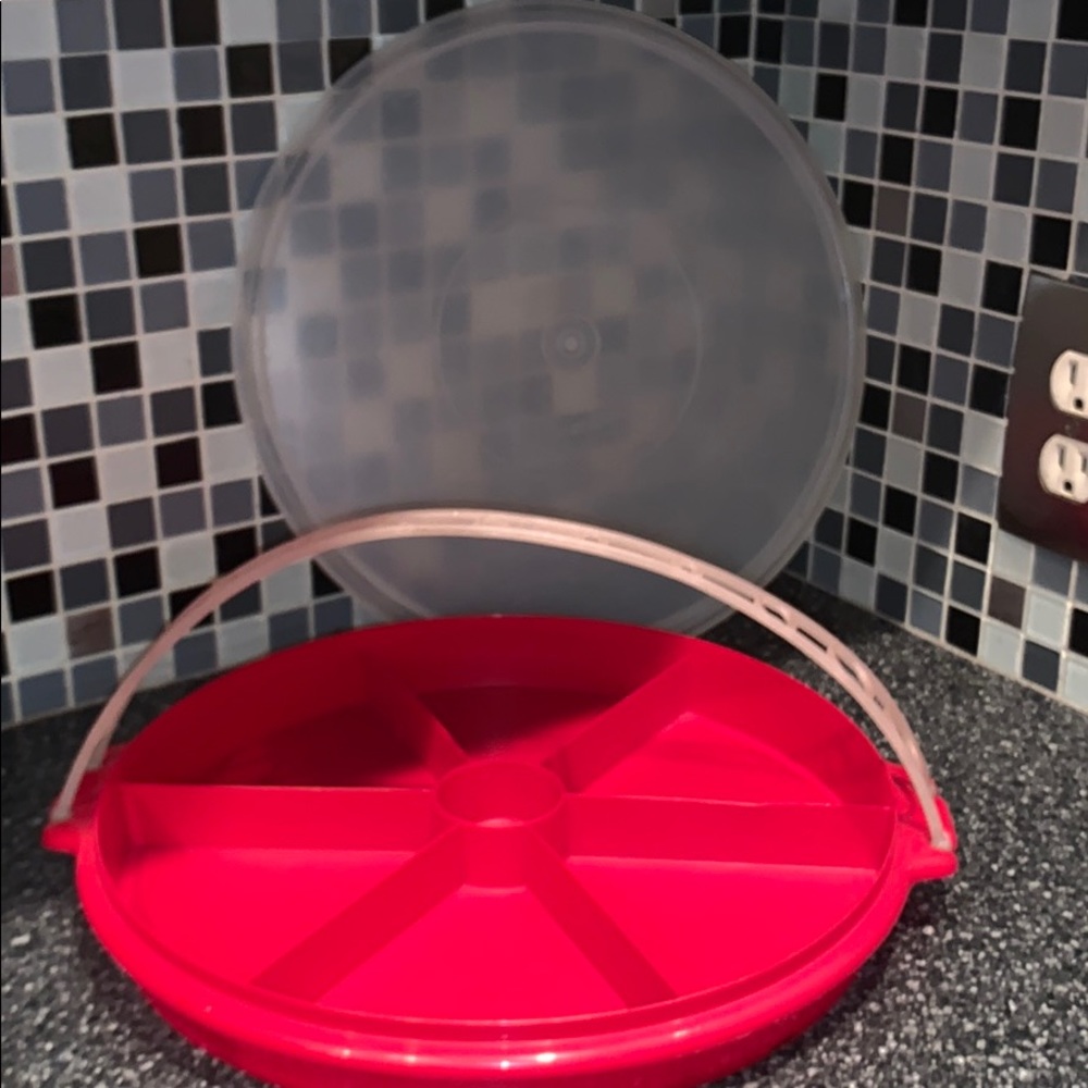 Vintage Tupperware red relish tray with handles